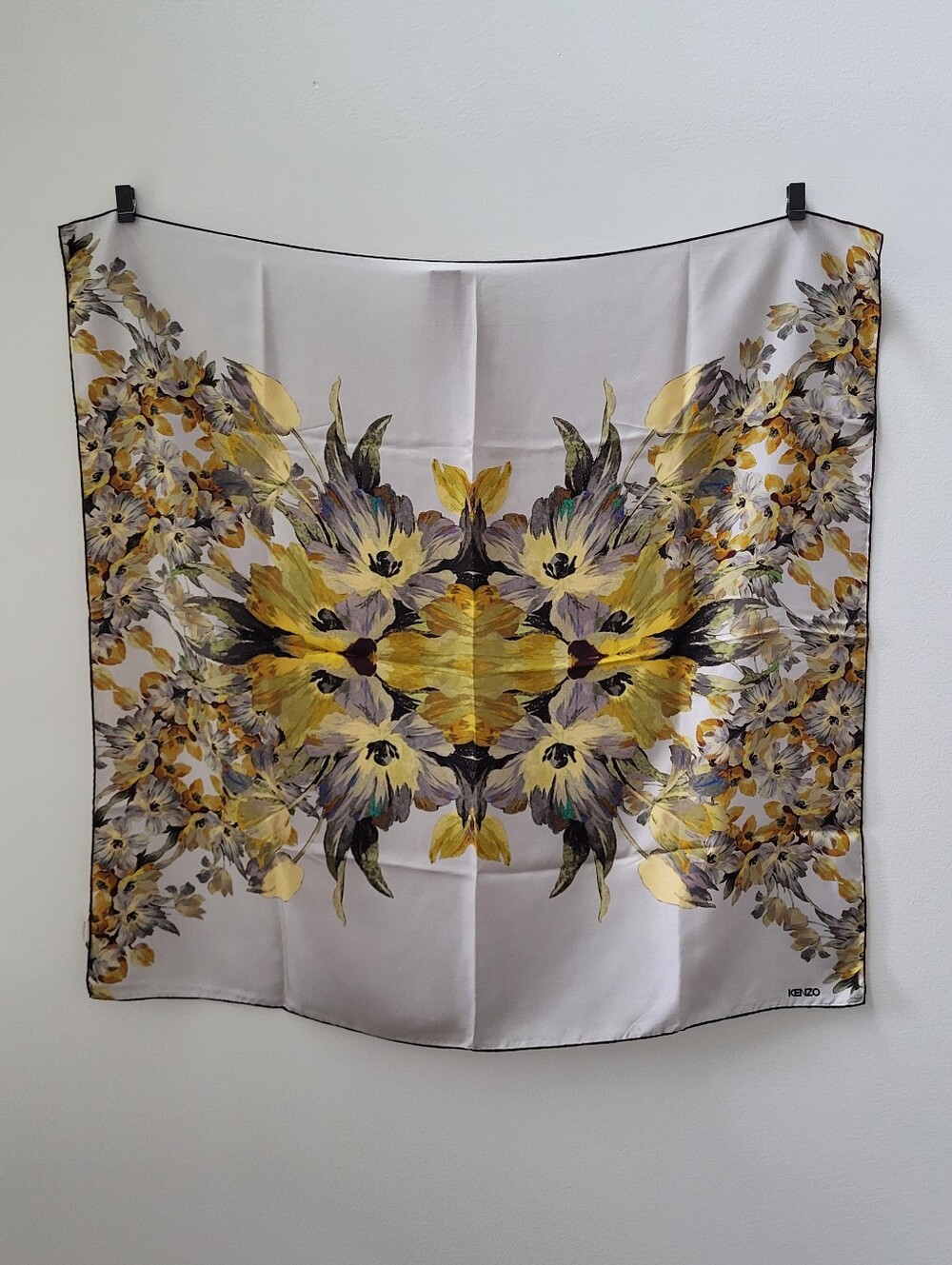 Kenzo Yellow and Gray Floral Silk Scarf